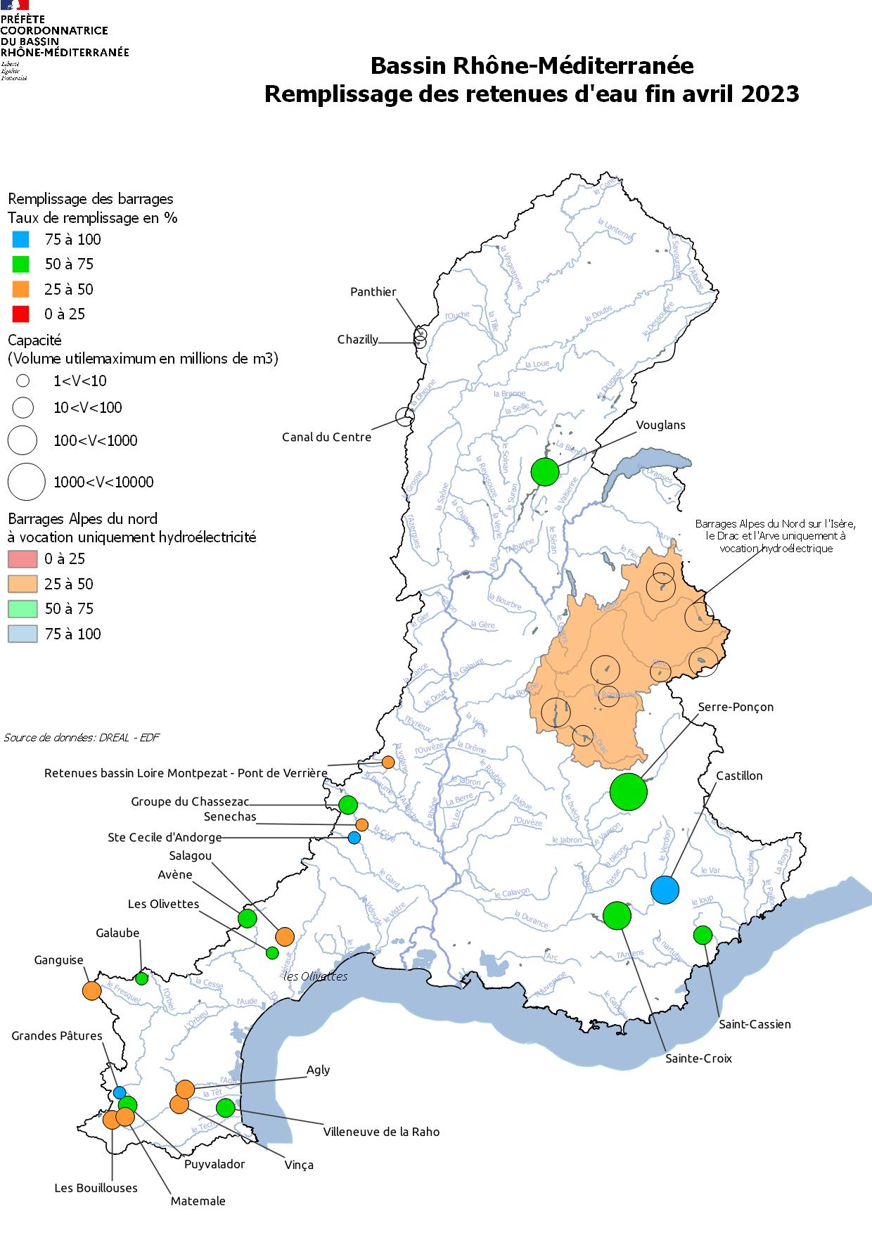 Remplissage des retenues d'eau fin avril 2023