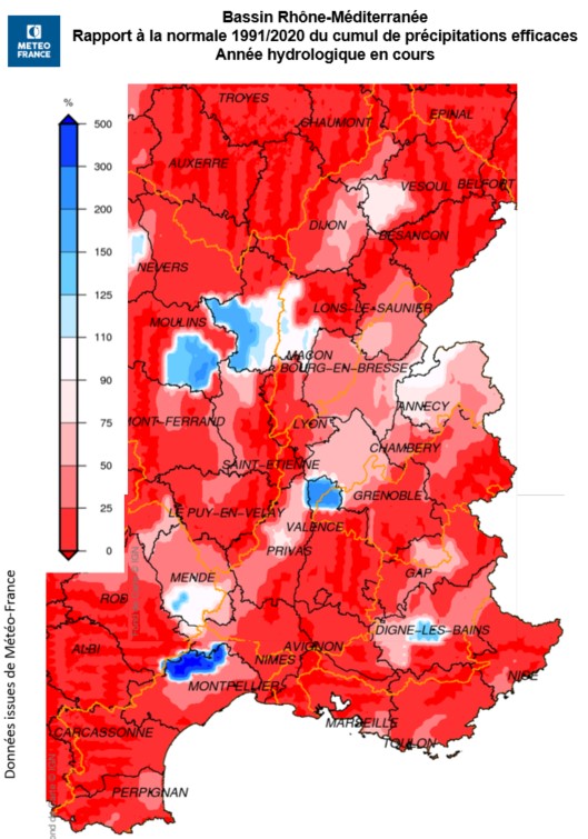 Rapport à la normale du cumul de pluies efficaces septembre 2023