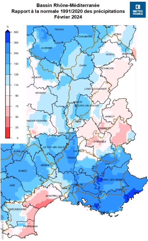 Rapport à la normale 1991-2020 des précipitations février 2024