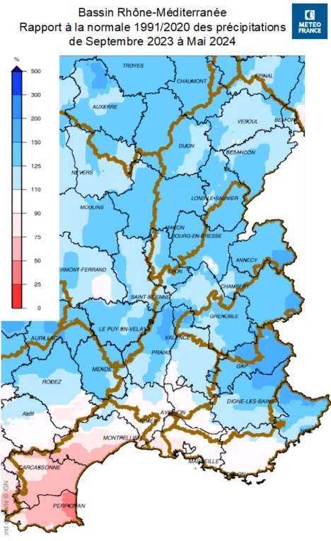 Rapport à la normale des précipitatons depuis septembre 2023