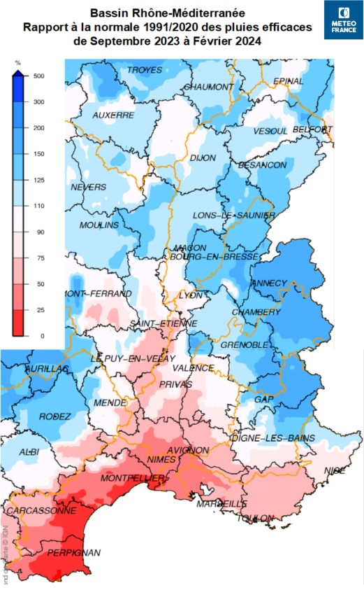 Rapport à la normale 1991-2020 des pluies efficaces de septembre 2023 à février 2024
