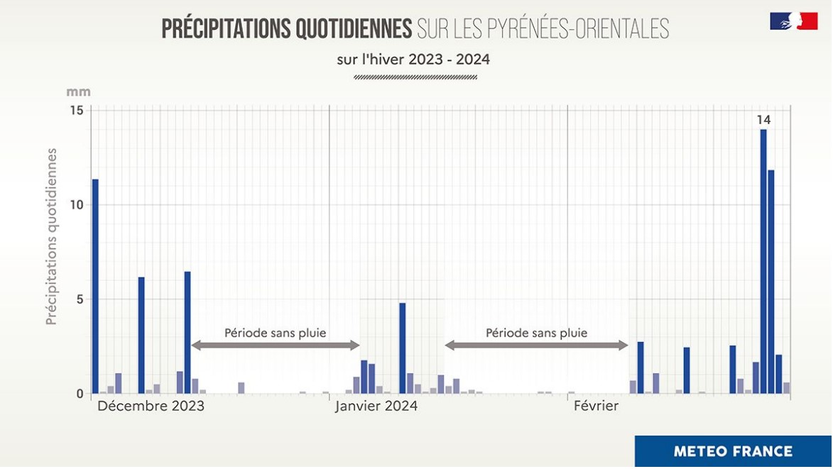 Précipitations quotidiennes sur les Pyrénées-Orientales sur l'hiver 2023-2024