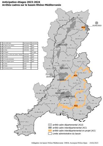 Carte des arrêtés-cadres sur le bassin Rhône-Méditerranée 2023