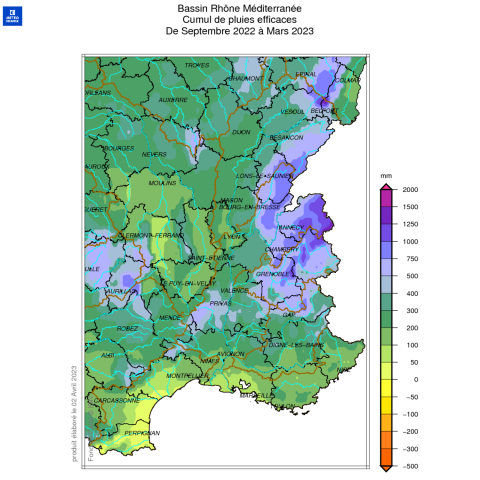 Comparaison des cumuls de pluies efficaces (du 1er septembre 2022 à mars 2023)