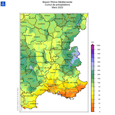 Cumul mensuel des précipitations Mars 2023