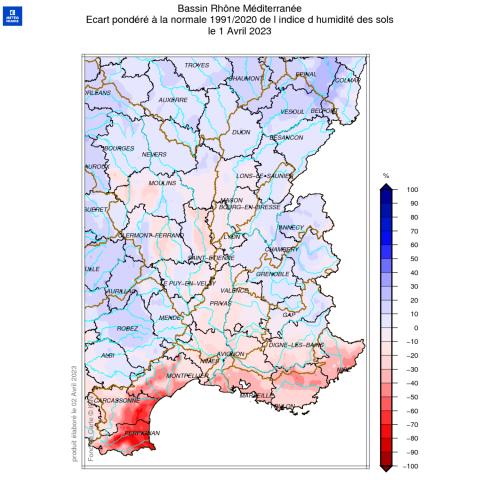 Ecart pondéré à la normale 1991/2020 de l’indice d’humidité des sols au 1er avril