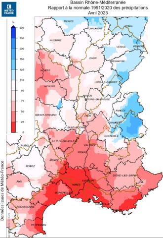 Rapport à la normale 1991/2020 des précipitations avril 2023
