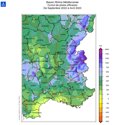 Cumul de pluies efficaces de septembre 2022 à avril 2023