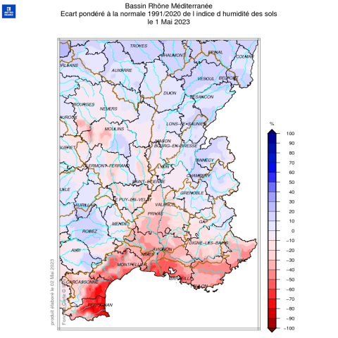 Ecart pondéré à la normale Indice humidité des sols au 1er mai 2023