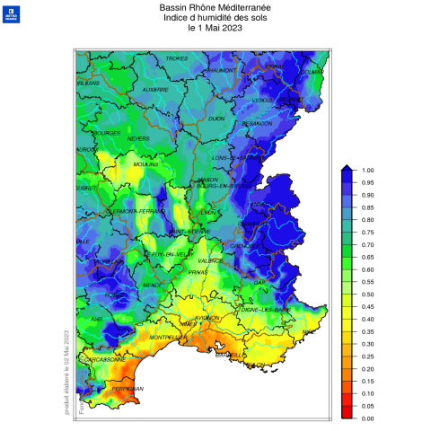 Indice humidité des sols au 1er mai 2023