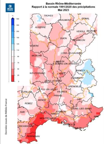 Rapport à la normale 1991/2020 des précipitations mai 2023