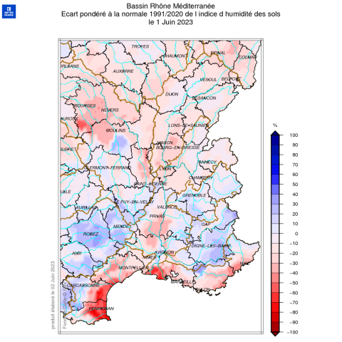 Ecart pondéré à la normale Indice humidité des sols au 1er juin 2023