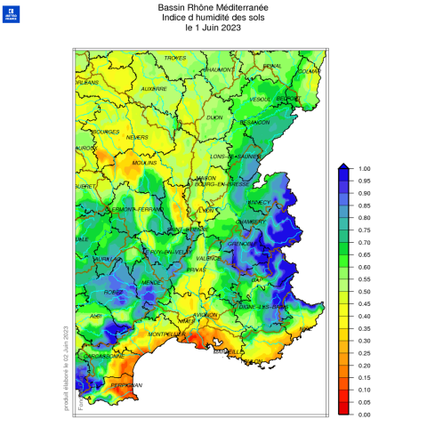 Indice humidité des sols au 1er juin 2023