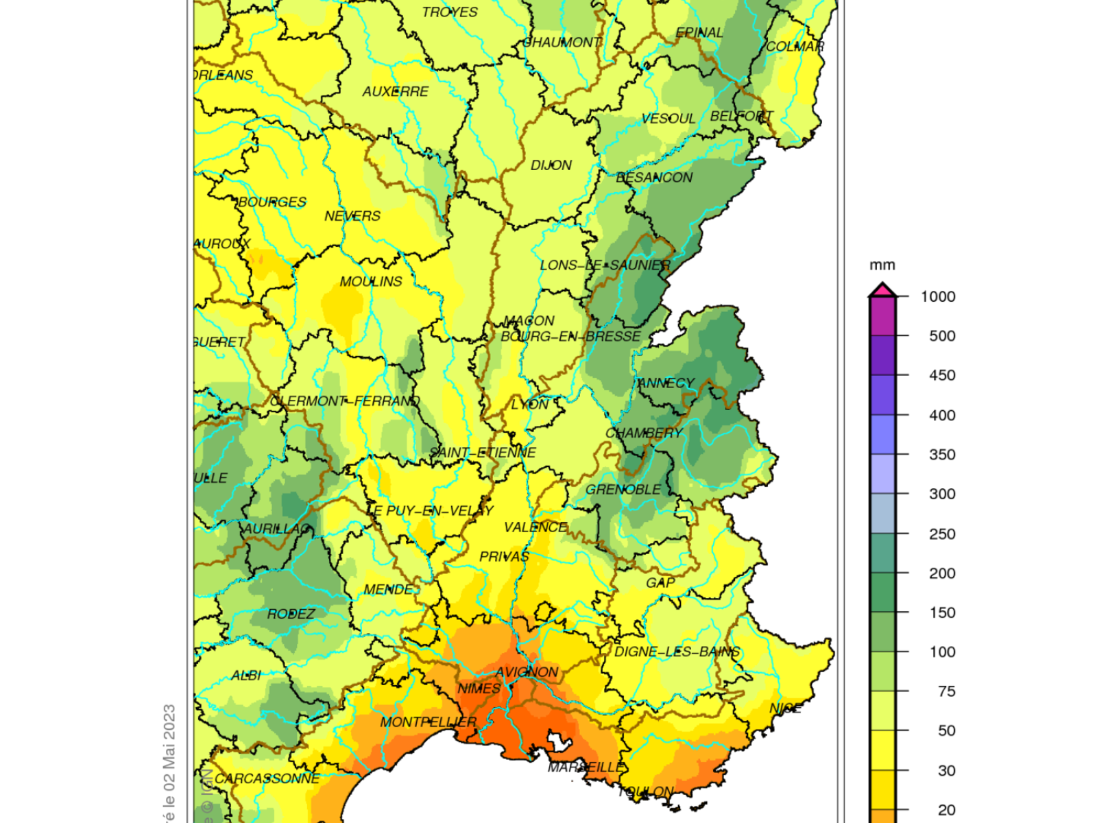 Pluviométrie du bassin Rhône-Méditerranée avril 2023