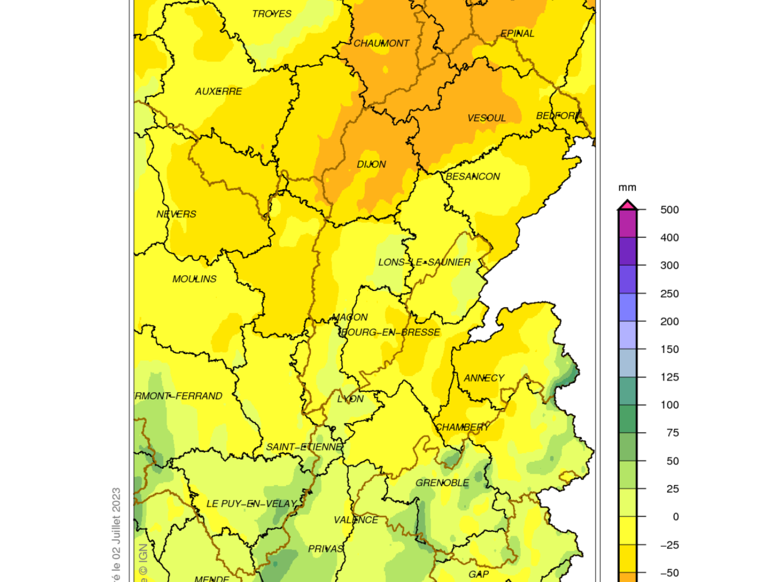 Pluviométrie du nord du bassin Rhône-Méditerranée juin 2023